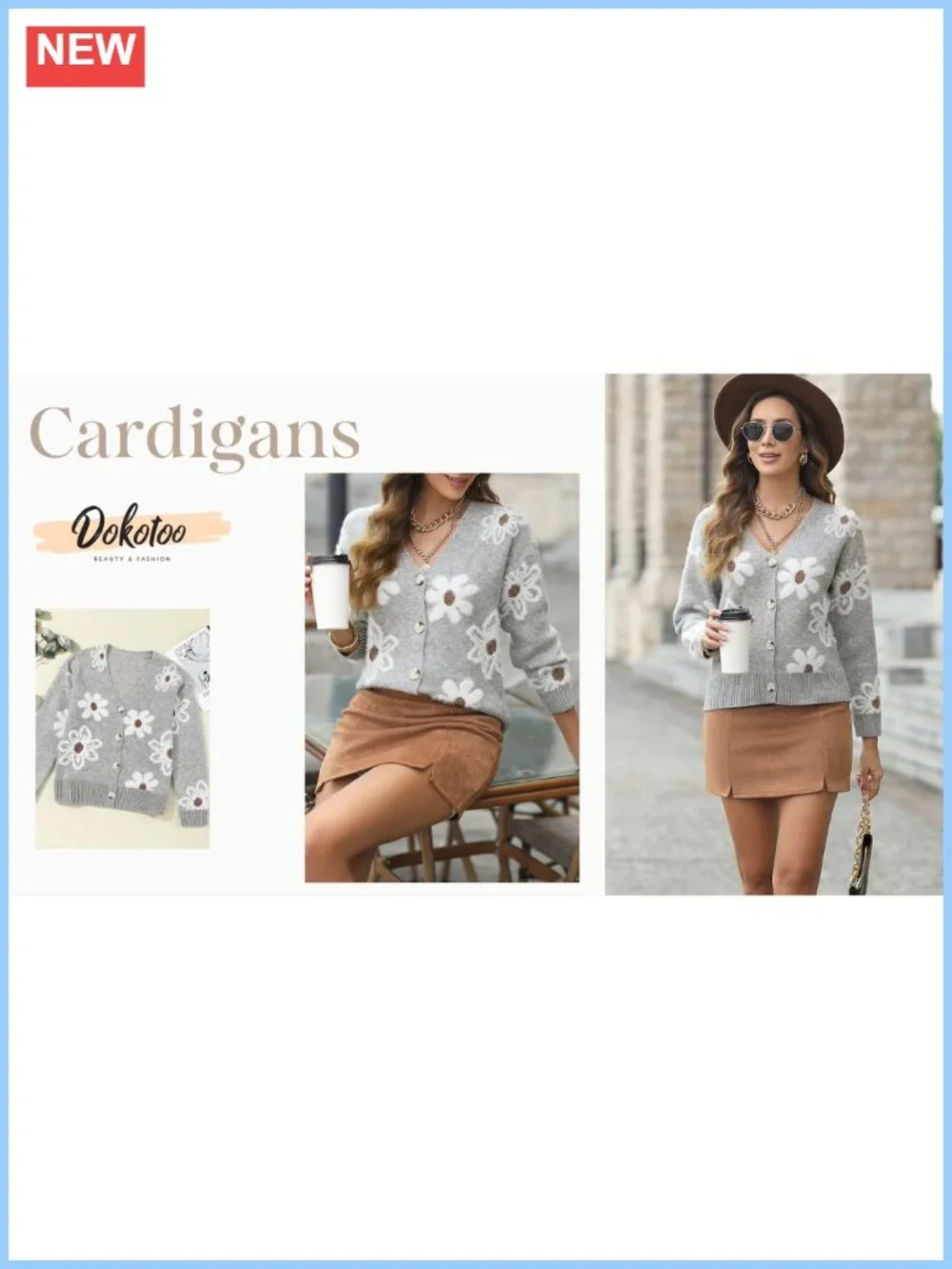 Women's Fuzzy Open Front Knit Cardigan Floral Button Detail Sweater